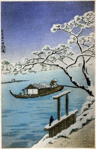 Geografie. Japan. Rivier in de winter. Houtsnede door Hiroshige in: Drieënvijftig Stations van de Tokaido (1833-1834). Ansichtkaart, Japan, ca. 1900 door Ando or Utagawa (after) Hiroshige