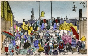Geografie. Japan. De ochtendgloed bij de Nihonbashi (1e station). Houtsnede door Hiroshige in: Drieënvijftig stations van de Tokaido (1833-1834). Ansichtkaart, Japan, c.1900 door Ando or Utagawa (after) Hiroshige