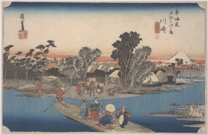 Een veerboot op de Rokugo-rivier door Ando or Utagawa Hiroshige