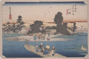 Een veerboot op de Rokugo-rivier door Ando or Utagawa Hiroshige