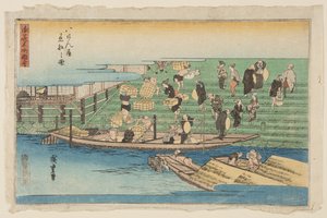 Boten Aanmeren bij Hachikenya (Hachikenya chakusen no zu) door Ando or Utagawa Hiroshige