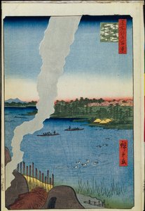 Honderd beroemde uitzichten van Edo: Ovens en de Hashiba-veerboot op de Sumida-rivier door Ando or Utagawa Hiroshige