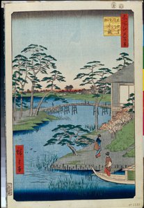 Honderd beroemde uitzichten van Edo: Mokuboji-tempel en groentevelden aan de Uchigawa-inham door Ando or Utagawa Hiroshige