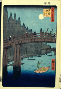 Japanse prent: De bamboekade bij de Kyobashi-brug (Tokio, Japan). Serie honderd beroemde uitzichten van Edo door Ando or Utagawa Hiroshige