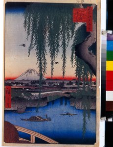 Japanse prent: Uitzicht op de Yatsumi-brug (Tokio, Japan). Serie honderd beroemde uitzichten van Edo
