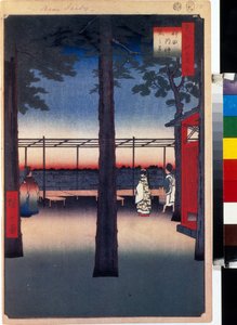 Japanse prent: de dageraad bij de Kanda Myojin-tempel (Tokio, Japan). Serie honderd beroemde uitzichten van Edo. Werk van Utagawa Hiroshige (1797-1858), houtsnede (39x26 cm)