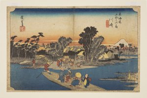 Kawasaki: De Rokugō veerboot door Ando or Utagawa Hiroshige