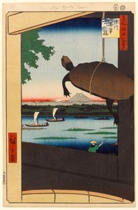 Mannenbrug, Fukagawa, 1856 door Ando or Utagawa Hiroshige
