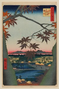 Esdoorns bij Mama, Tekona-heiligdom en Verbonden Brug door Ando or Utagawa Hiroshige