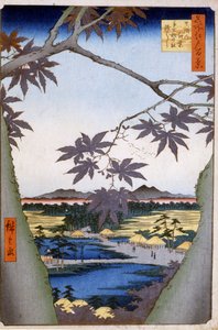 Esdoorns naar Mama met Tekona Tempel en Tsugi Brug. 1857. Prenten door Katsushika (Utagawa) Hiroshige (1797-1858).