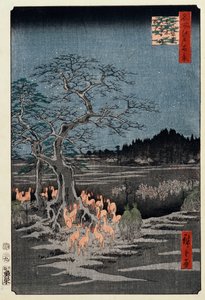 Oudejaarsavond vossenbranden bij de brandnetelboom, Oji", uit de serie "Honderd beroemde uitzichten van Edo" door Ando or Utagawa Hiroshige