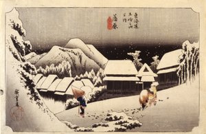 Nacht sneeuw in Kanbara, #16 door Ando or Utagawa Hiroshige
