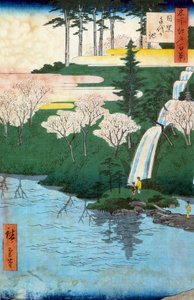 Honderd beroemde uitzichten van Edo; uitzicht op Chiyo een Meguro vijver. Japanse prent door Utagawa Hiroshige (1797-1858) 19e eeuw. Privécollectie
