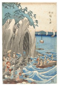 Bedevaart naar de tentoonstelling van het Benzaiten-beeld in het hoofdheiligdom van Iwaya in Enoshima in de provincie Sagami door Ando or Utagawa Hiroshige
