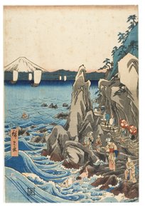 Bedevaart naar de tentoonstelling van het Benzaiten beeld in het hoofdheiligdom van Iwaya in Enoshima in de provincie Sagami, ca. 1847-1852 door Ando or Utagawa Hiroshige