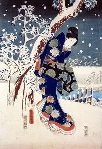 Sneeuwscène in de Tuin van een Daimyo, deel van Drieluik door Ando or Utagawa Hiroshige