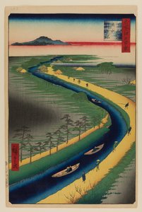 Sleepboten langs het Yotsugi-dori kanaal door Ando or Utagawa Hiroshige