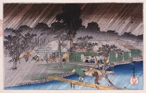 Schemerregen bij Tadasu Bank, uit de serie Beroemde plaatsen van Kyoto door Ando or Utagawa Hiroshige