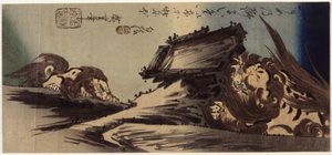 Twee leeuwen op een klif door Ando or Utagawa Hiroshige