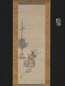 Twee vrouwen met hoeden dansen door Ando or Utagawa Hiroshige