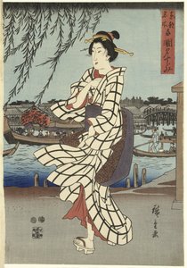 Vrouw die langs een rivier loopt door Ando or Utagawa Hiroshige