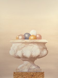 Marmeren witte vaas met zes marmeren ballen door Andras Kaldor