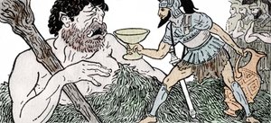 Odyssee van Homerus: Odysseus biedt een beker wijn aan Polyphemus, de Cycloop door Andre Bonamy