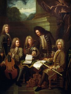 Componist Michel de la Barre dirigeert Marin Marais en fluitisten van de Kamer van de Koning door Andre Bouys