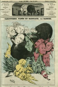 Wortelen, ramen en radicalen, de verschillende politieke partijen in groenten in de pot van macht. Tekening ter vervanging van de cartoon van Gill, gecensureerd. Omslag in 