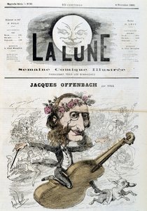 Cartoon van Jacques Offenbach (1819 - 1880), rijdend op een viool - door Gill in La Lune van 04/11/1866 door Andre Gill