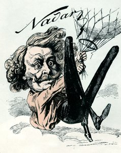 Cartoon van Felix Nadar, pionier van luchtfotografie in 1858, hier hangend aan zijn ballon (gravure) door Andre Gill