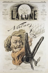 Cartoon van Felix Nadar, pionier van luchtfotografie in 1858, hier hangend aan zijn ballon