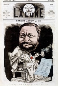 Portret van Edmond About, Franse schrijver (1828-1885). In La lune, 25/08/1867. Karikatuur door Gill. door Andre Gill