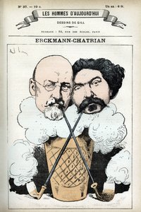 Portret van Emile Erckmann (1822-1899) en Alexandre Chatrian (1826-1890), Franse romanschrijvers. Cartoon door Gill, in Les Homme d