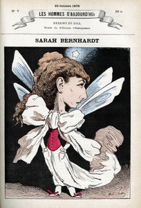 Portret van Henriette Rosine Bernard, bekend als Sarah Bernhardt (1844-1923), Franse toneelactrice. Cartoon door Gill, Parijs