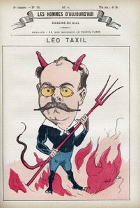 Portret van Leo Taxil (1854-1907), Franse schrijver en auteur van een beroemde hoax die de paus en de bisschoppen van Frankrijk beetnam. Cartoon door Gill, Parijs.