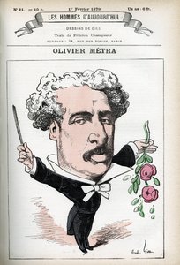 Portret van Olivier Metra (1830-1889), Franse acteur, populaire componist. Cartoon door Gill, in 