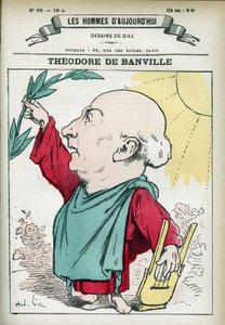Portret van Theodore de Banville, Franse dichter en leider van de Parnassiaanse school. Cartoon door Gill, Parijs