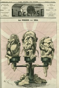 De fusie, een illustratie van de samenstelling van de Vergadering, met royalisten, bonapartisten en republikeinen. Omslag in 