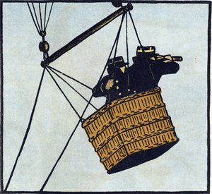 Eerste Wereldoorlog 1914-1918: Waarnemers (observatiepost) van het Franse leger in een gevangengenomen ballon proberen de vijand te spotten. Gravure in 