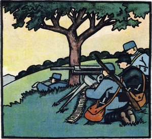 Eerste Wereldoorlog 1914-1918: Soldaten van het Franse leger gebruiken machinegeweren op de slagvelden. Gravure in 
