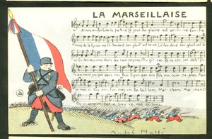 Prentkaart, Satirisch in Kleuren: La Marseillaise - Oorlog van 14-18, Marseillaise, Zingende Illustratie door Andre Helle (1875-1945)