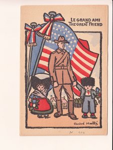 Ansichtkaart, Satirisch in Kleuren: Le grand ami de grote vriend - Oorlog van 14 -18, Amerika, Elzas-Lotharingen Illustratie door Andre Helle (1875-1945)