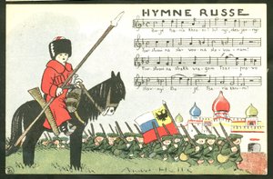 Satirische ansichtkaart in kleuren: Russisch volkslied - Oorlog van 14-18, Rusland, Zingen - Soldaten Illustratie door Andre Helle (1875-1945) door Andre Helle