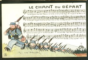 Satirische ansichtkaart in kleuren: Het lied van het vertrek - Oorlog van 14-18, Chant - Soldaten Illustratie door Andre Helle
