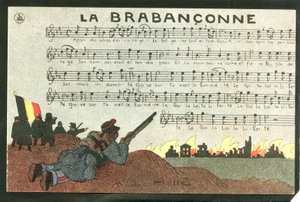 Ansichtkaart, satirisch in kleuren, circa 1915: La brabanconne - Oorlog van 14 -18, België, Zang - Soldaten Illustratie door Andre Helle (1875-1945) door Andre Helle