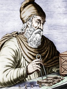 Archimedes (287-212 v.Chr.), Grieks-Siciliaanse natuurkundige en wiskundige, ingekleurde gravure door Andre Thevet