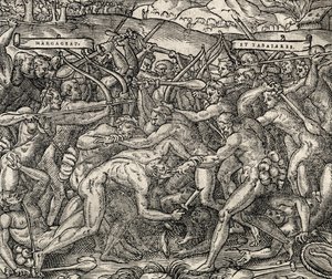 Slag tussen Margageaz en Tabajares stammen (gravure) door Andre Thevet