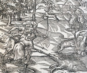 Indianen jagen op wilde zwijnen, gravure uit Universele Kosmologie, door Andre Thevet, Parijs