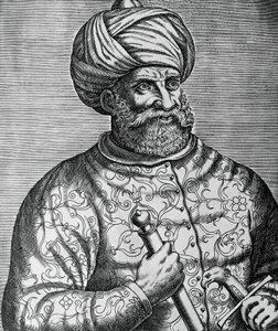 Portret van Khayr al-Din, bekend als Barbarossa (1465-1546), Turkse kaper en admiraal, gravure door Andre Thevet (1502-1590)